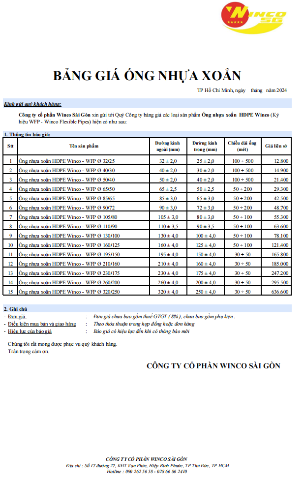 Bảng Giá Liên Sở Ống Xoắn Winco