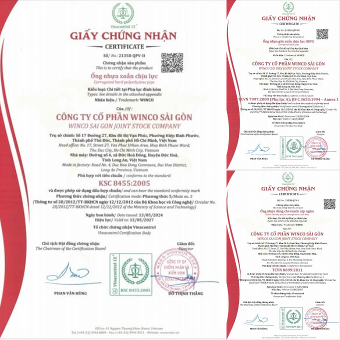 Chứng nhận chất lượng ống xoắn Winco